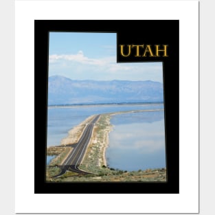 Utah State Outline - Antelope Island Causeway in the Great Salt Lake Posters and Art